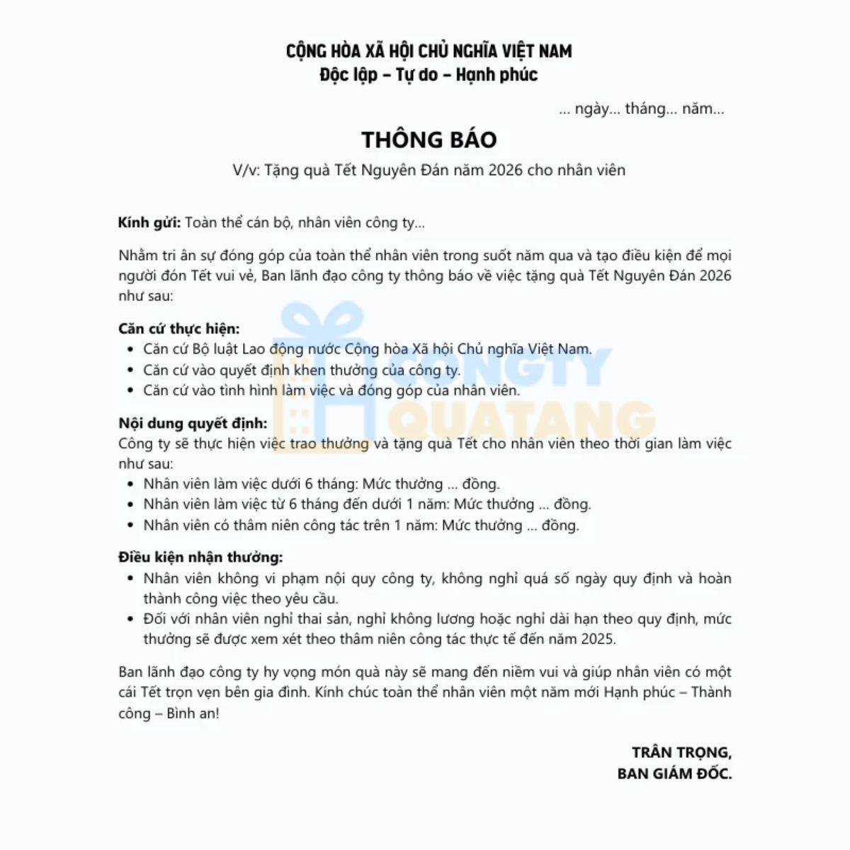 Mẫu thông báo tặng quà Tết chuẩn chuyên nghiệp