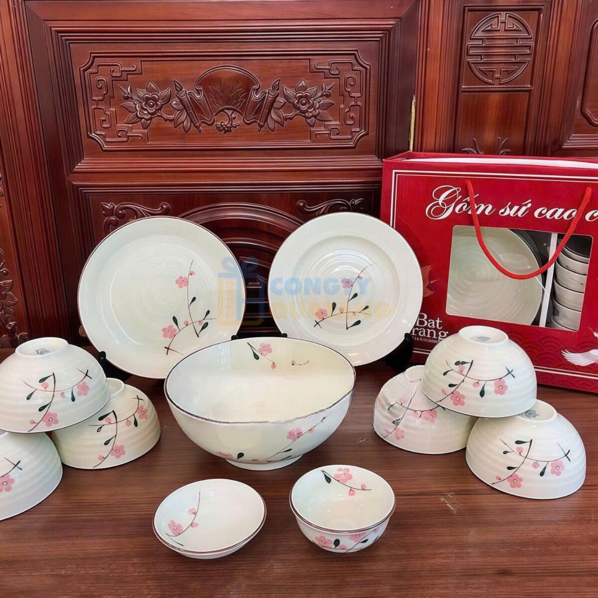 Bộ bát đĩa Bát Tràng đào hồng BĐA-07