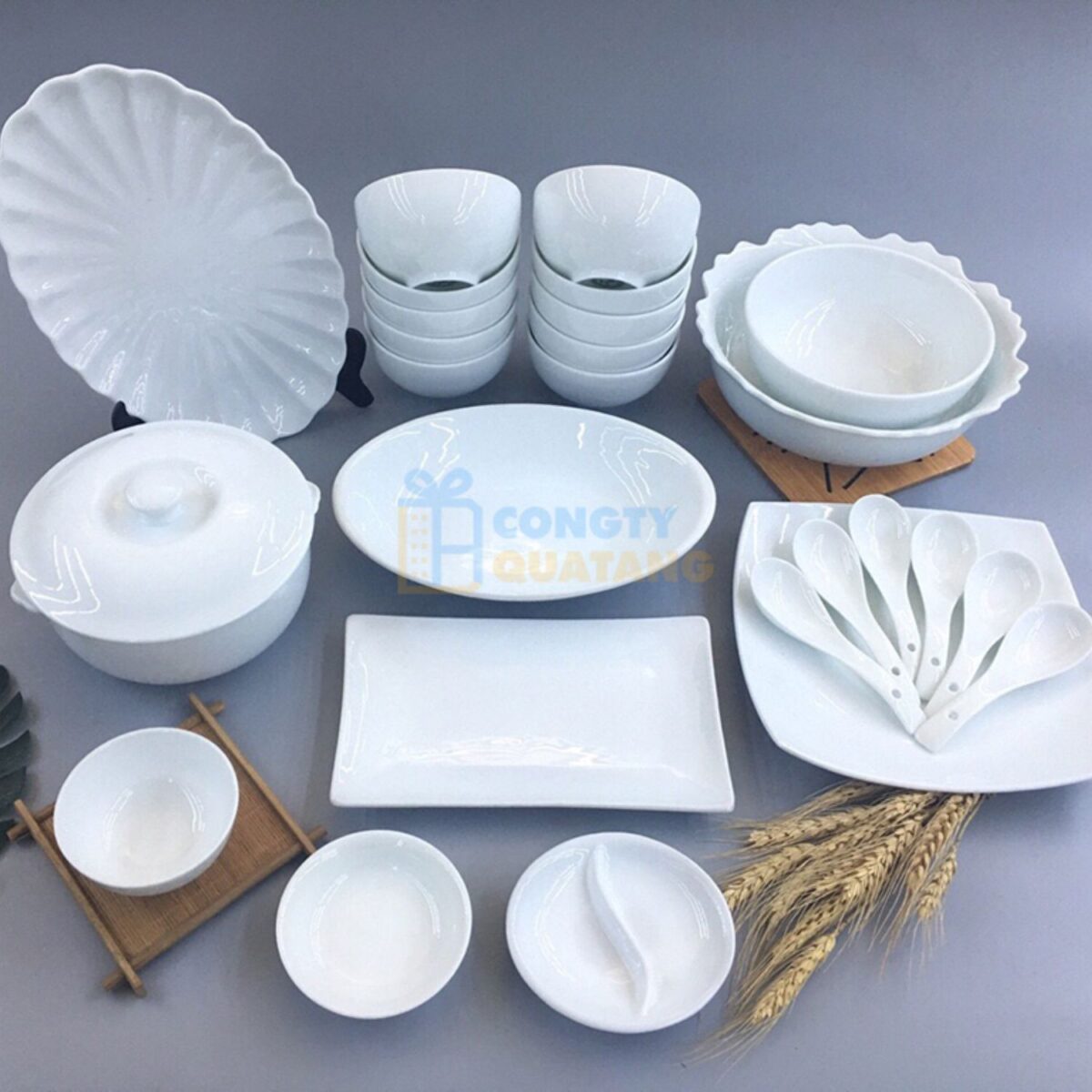 Bộ bát đĩa sứ Bát Tràng men trắng BĐA-12