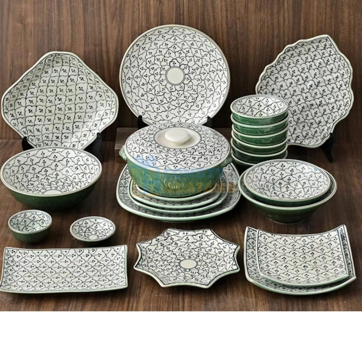 Bộ bát đĩa Bát Tràng bèo xanh ngọc lục BĐA-13
