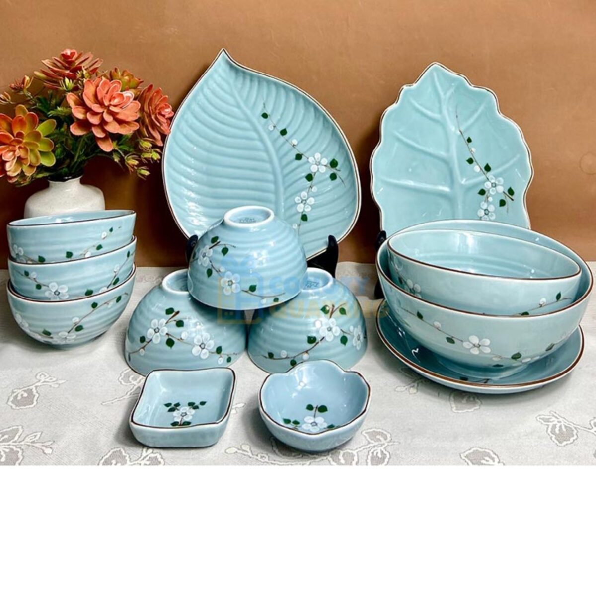 Bộ bát đĩa Bát Tràng men xanh vẽ hoa mai BĐA-15