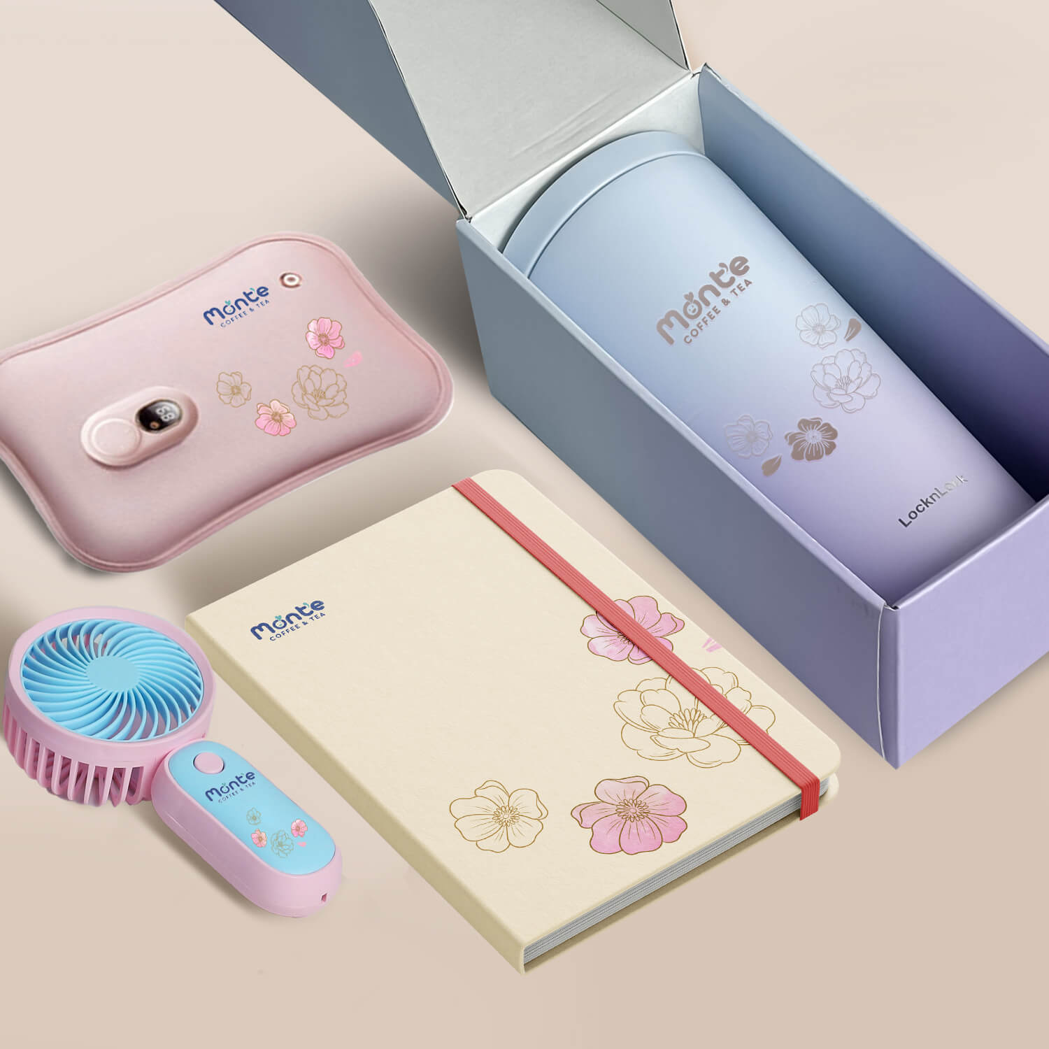 Set quà ly giữ nhiệt, sổ tay mini, quạt cầm tay và túi chườm in ấn hoa văn đẹp