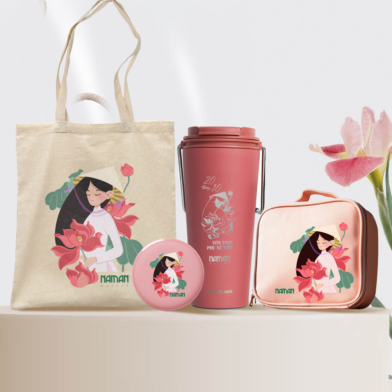 Set quà 20/10 ly giữ nhiệt, túi xách, túi canvas và gương mini 