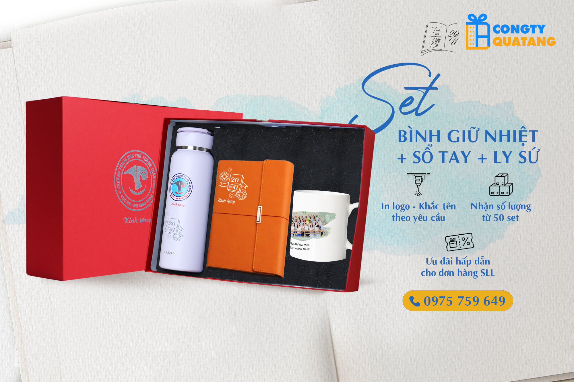 Set quà tặng bình giữ nhiệt, sổ tay và ly sứ tặng thầy cô 20/11