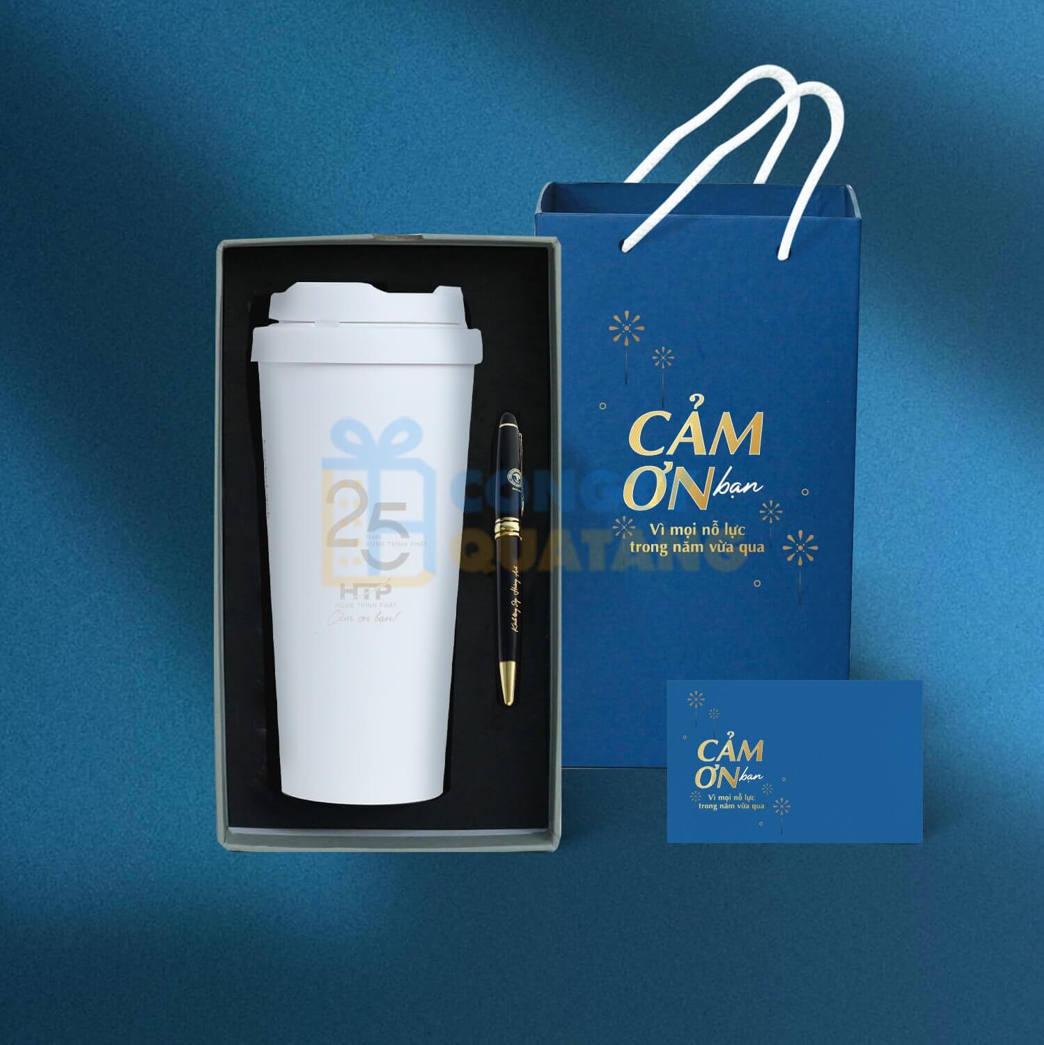 Set quà tặng văn phòng ly giữ nhiệt, bút khắc tên