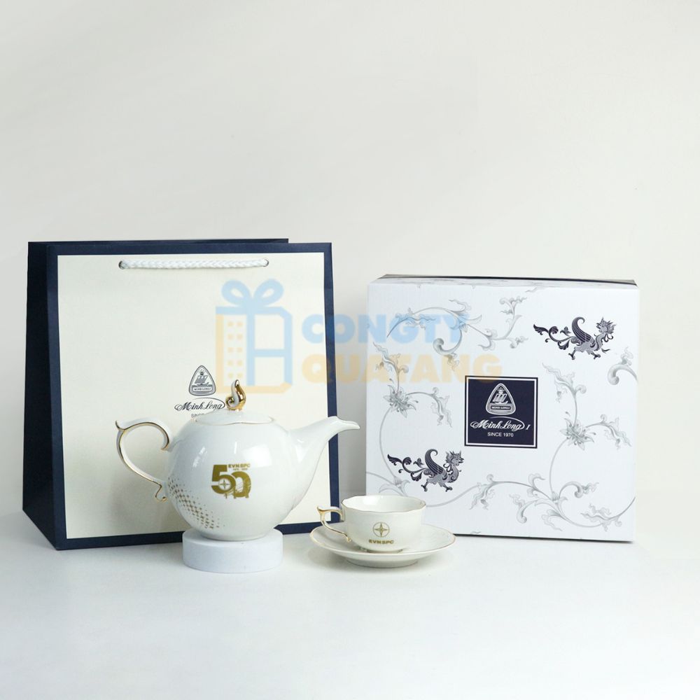 Set quà bộ ấm chén in logo cùng hộp đựng, túi giấy sang trọng