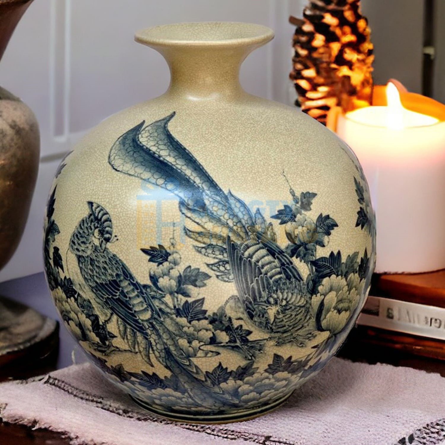 Mẫu bình hút tài lộc Hoa phù dung chim trĩ tượng trưng cho trí tuệ và lòng chung thủy