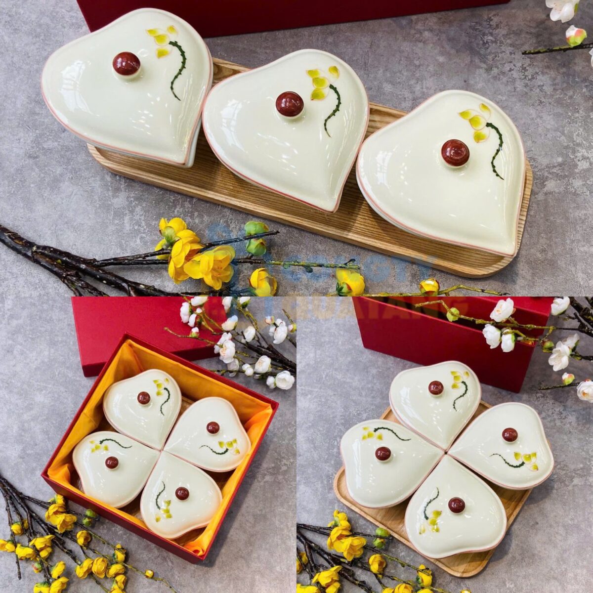 Khay đựng mứt Tết gốm sứ Bát Tràng hình trái tim men kem vẽ hoa sen xanh KMT-10 - Congtyquatang.com