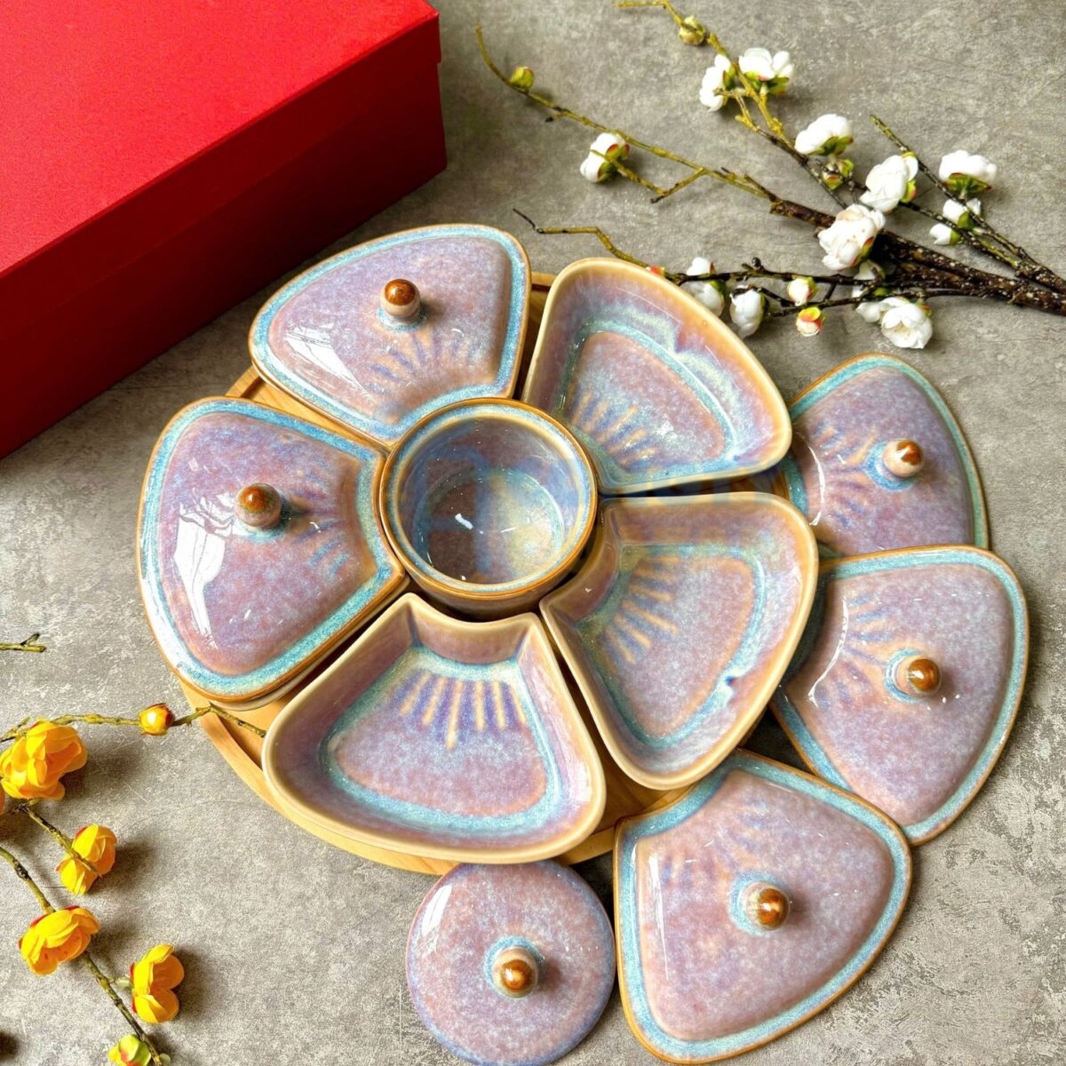 Khay mứt Tết gốm sứ Bát Tràng men hoả biến san hô tím KMT-06 - Congtyquatang.com