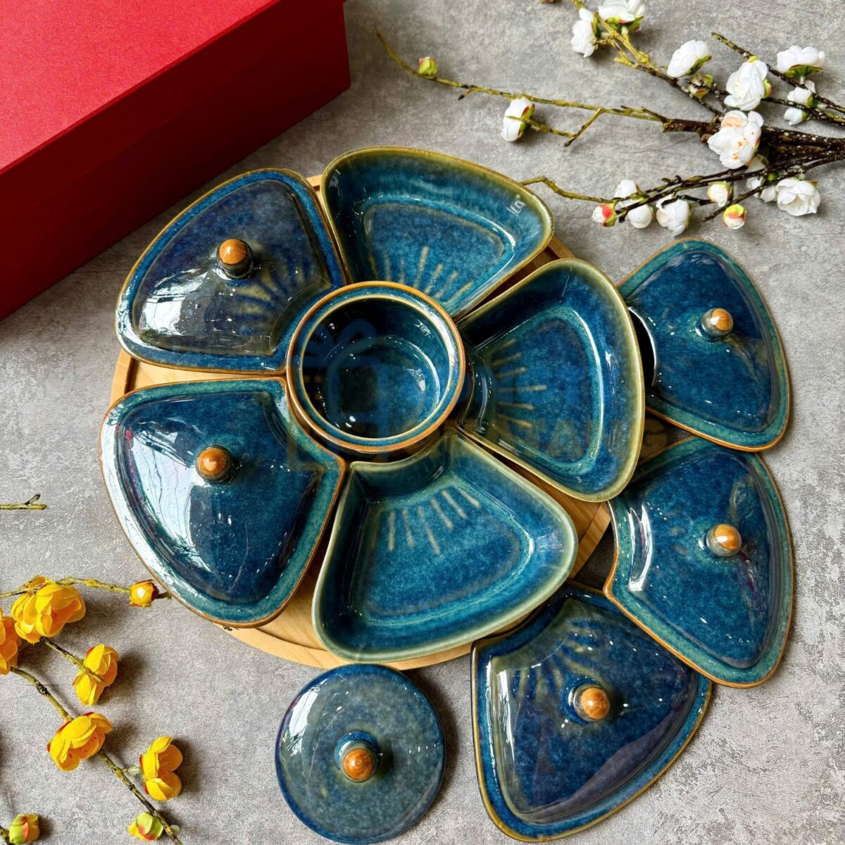 Khay mứt Tết gốm sứ Bát Tràng men hoả biến xanh đại dương KMT-03 - Congtyquatang.com