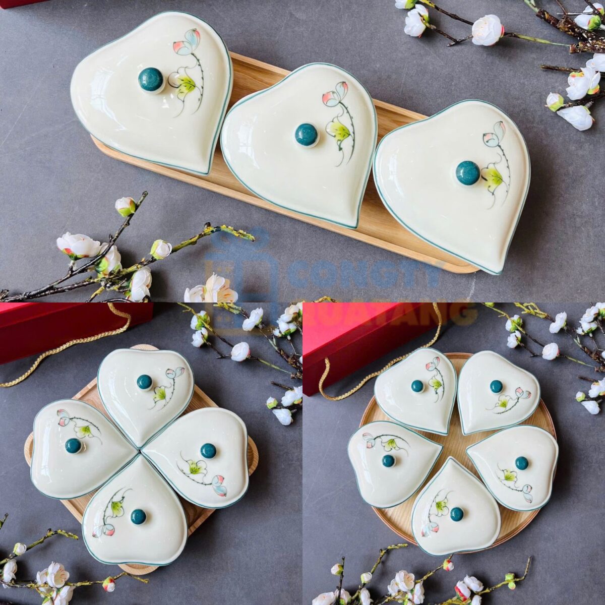 Khay mứt tết gốm sứ hình trái tim men kem vẽ hoa sen bóng KMT-11 - Congtyquatang.com