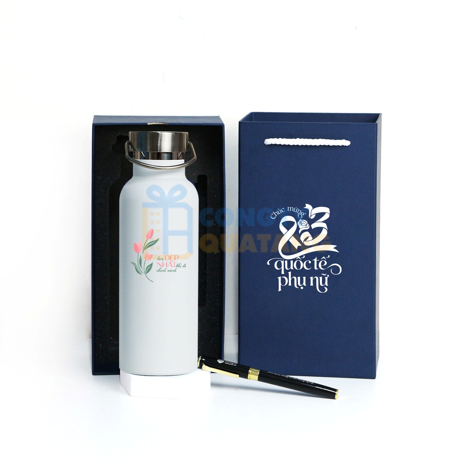 Set Quà Tặng 8/3 Bình Giữ Nhiệt Q128, Bút Kim Loại, Hộp Cao Cấp SQT2028 - congtyquatang.com.vn