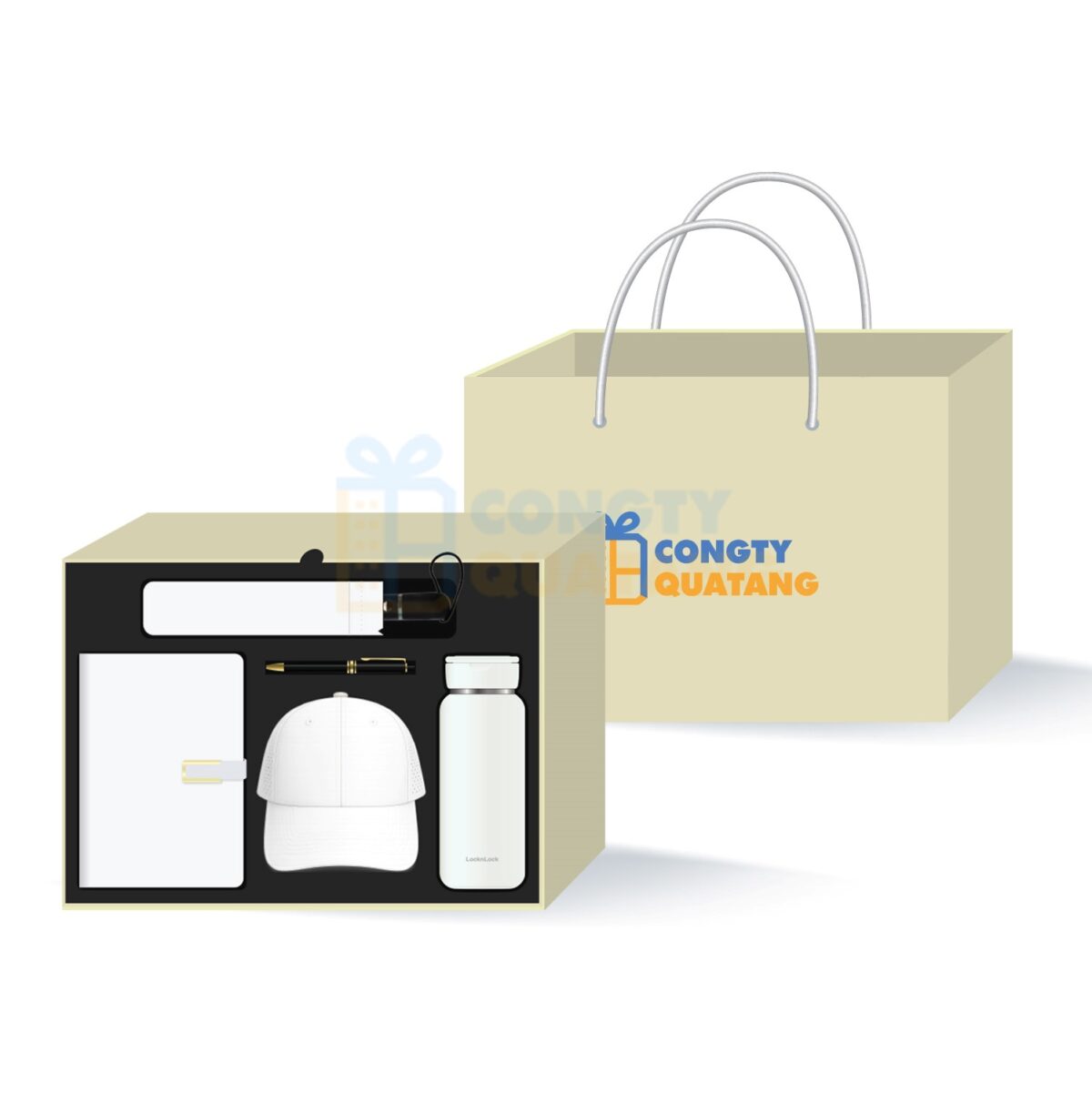 Bộ giftset quà tặng bình, bút, sổ tay, nón, dù cầm tay SQ601