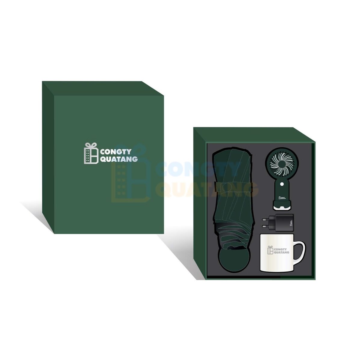 Bộ giftset quà tặng củ sạc, ly sứ, quạt điện và ô dù gấp SQ405